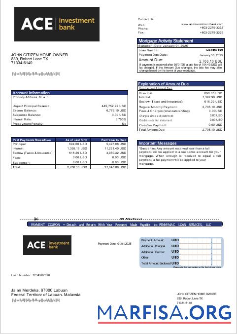 Realistic USA ACE bank mortgage statement in Word and PDF formats download for verification